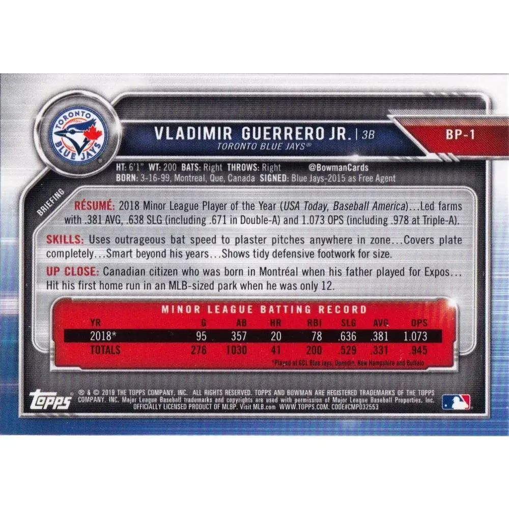 2019 Bowman Prospects Vladimir Guerrero Jr. #BP-1 Toronto Blue Jays